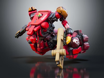 Intelligent Red Mech Robot With Mechanical Armor Featuring Yellow Components And Cannon Weapon 3d model
