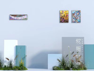 Event Display Wall With Colorful Artworks Decorative Plants And White Platforms 3d model