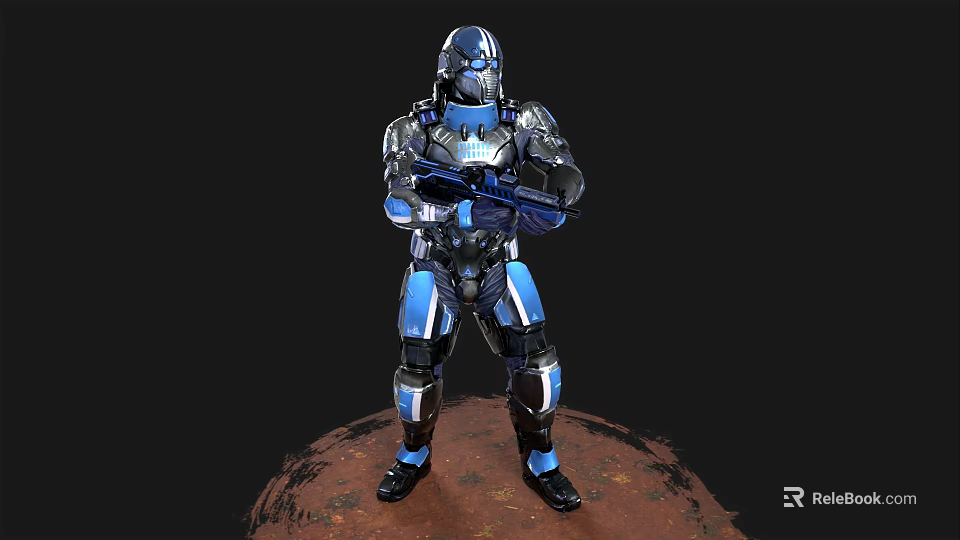 Futuristic Blue And Black Armored Character Holding Weapon Standing On Red Ground 3d model