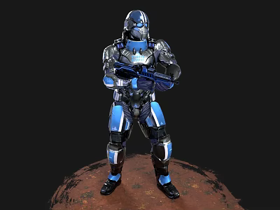 Futuristic Blue And Black Armored Character Holding Weapon Standing On Red Ground 3d model