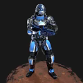 Futuristic Blue And Black Armored Character Holding Weapon Standing On Red Ground 3d model