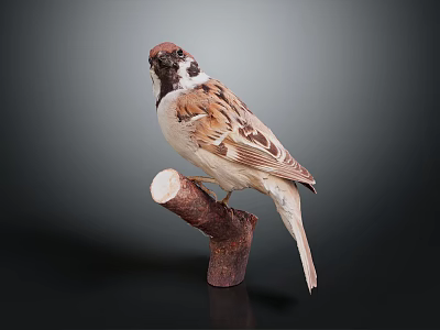Sparrow Perched on Wooden Branch with Detailed Feathers Against Dark Background 3d model