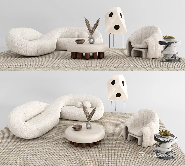 White Curved Sofa And Round Coffee Table Set With Armchair Decorative Items On Rug 3d model 