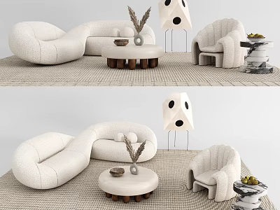 White Curved Sofa And Round Coffee Table Set With Armchair Decorative Items On Rug 3d model