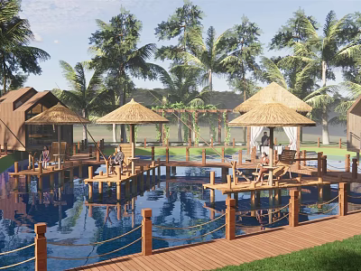 Scenic Waterfront Landscape With Thatched Pavilions Wooden Boardwalk And Palm Trees 3d model