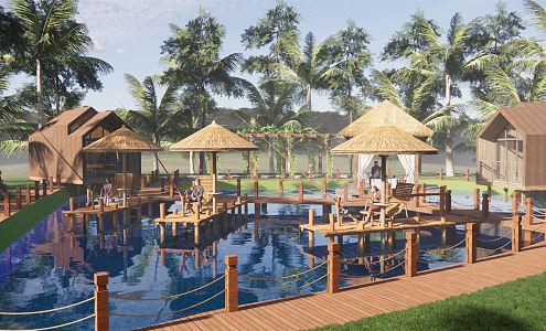 Modern Park Fishing Park Landscape Waterfront Landscape Lotus Pond Fishing Vacation Leisure Landscape Thatched Pavilion Wooden Plank Road 3d model