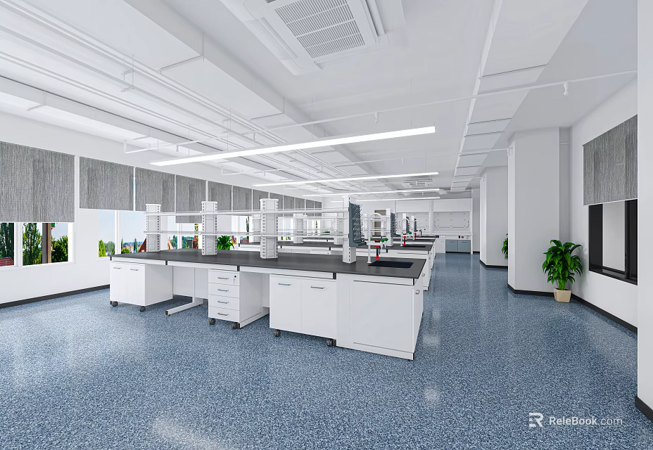 Modern Open Layout Laboratory With White Benches And Blue Flooring 3d model