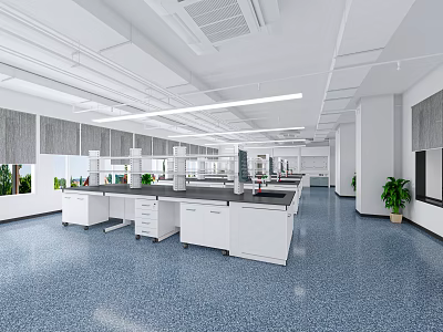 Modern Open Layout Laboratory With White Benches And Blue Flooring 3d model