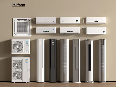 Various Types Of Air Conditioners And Fans Display On Wall And Floor 3d model