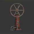 Vintage Red Mechanical Device with Large Wheel and Metal Structure in Retro Industrial Design