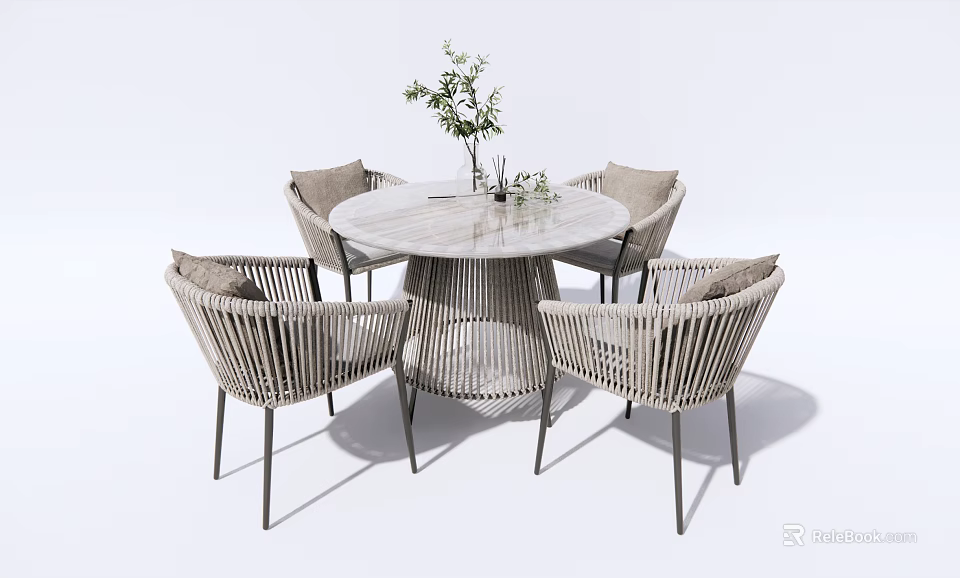 Modern Rattan Round Table and Chair Set With Metal Frame and Potted Plants 3d model 