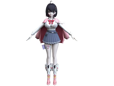 Short Black Haired Woman Wearing Sailor Uniform Red Bow Gray Skirt White Stockings Pink Shoes 3d model