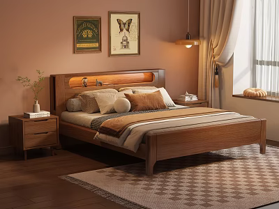 Cozy Wooden Double Bed With Nightstands Wall Art And Patterned Rug 3d model