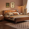Cozy Wooden Double Bed With Nightstands Wall Art And Patterned Rug