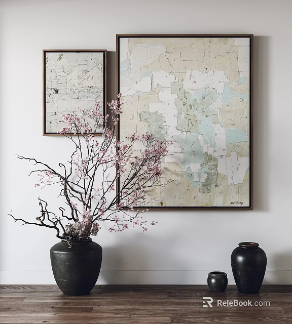 Large Abstract Painting On White Wall With Decorative Vase And Flowering Branches Interior Decor 3d model 