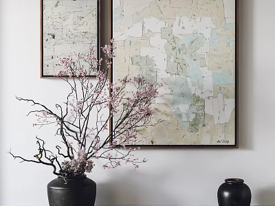 Large Abstract Painting On White Wall With Decorative Vase And Flowering Branches Interior Decor 3d model