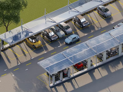 Solar Panel Canopy Covering Outdoor Parking Lot With Multiple Parked Cars 3d model