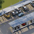 Solar Panel Canopy Covering Outdoor Parking Lot With Multiple Parked Cars