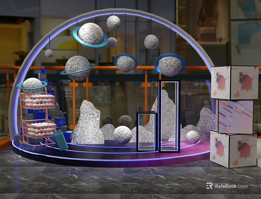 Creative Space Themed Display With Planet Models Rock Structures And Purple Lighting 3d model