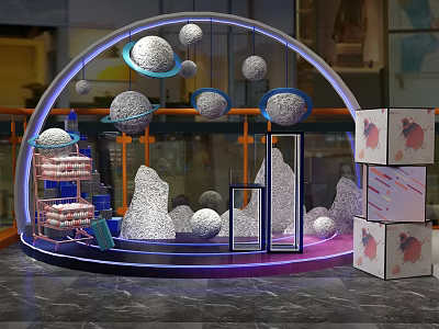 Creative Space Themed Display With Planet Models Rock Structures And Purple Lighting 3d model