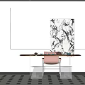Modern Tea Table and Chairs with Transparent Acrylic Legs Pink Seat and Decorative Painting