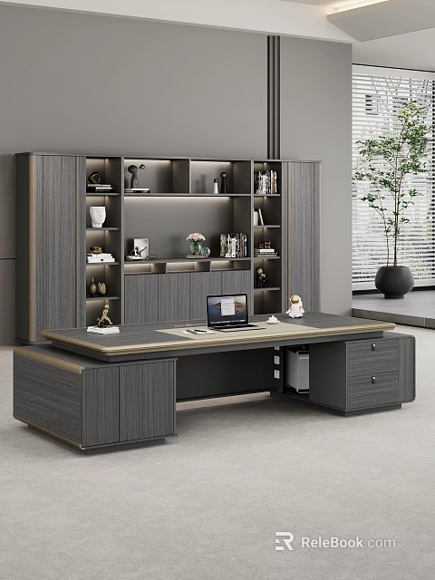 Modern Office Desk Interior With Gray Bookshelf Laptop And Potted Plant 3d model 