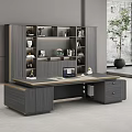 Modern Office Desk Interior With Gray Bookshelf Laptop And Potted Plant