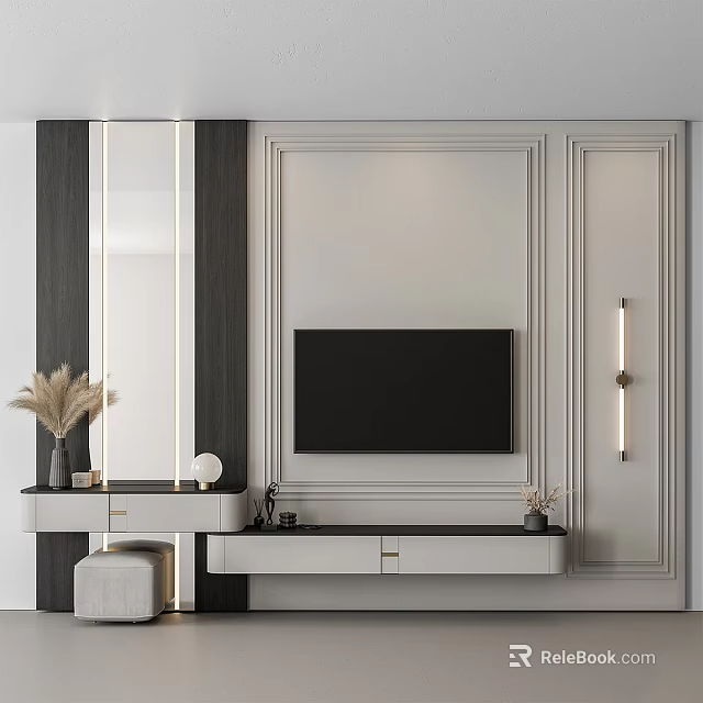 Modern TV Wall Design With Cabinets Mirror And Decor 3d model 