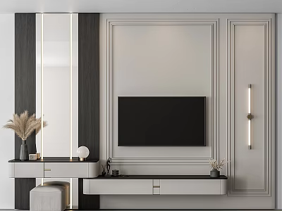Modern TV Wall Design With Cabinets Mirror And Decor 3d model