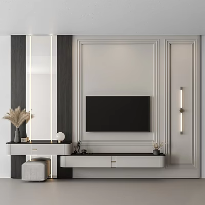 Modern TV Wall Design With Cabinets Mirror And Decor 3d model