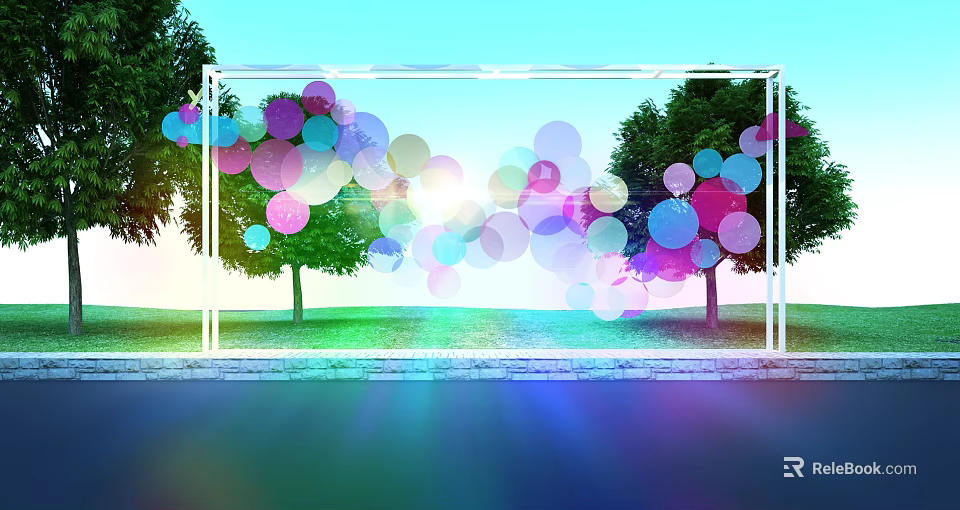 Outdoor Transparent Frame With Colorful Circles Green Trees Lawn Blue Sky And Sunlight 3d model 
