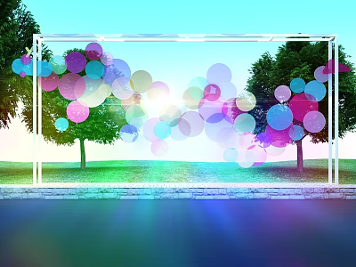 Outdoor Transparent Frame With Colorful Circles Green Trees Lawn Blue Sky And Sunlight 3d model