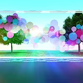 Outdoor Transparent Frame With Colorful Circles Green Trees Lawn Blue Sky And Sunlight