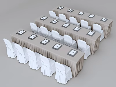 Elegant Conference Tables With Beige Tablecloths And White Chairs In Meeting Setup 3d model