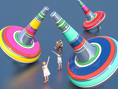 Interactive Area With Giant Colorful Spinning Tops And Children Playing In Vibrant Scene 3d model