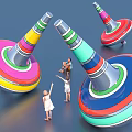 Interactive Area With Giant Colorful Spinning Tops And Children Playing In Vibrant Scene