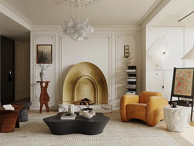 Elegant Modern Living Room Interior With Golden Fireplace White Chandelier And Orange Armchair 3d model