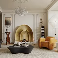 Elegant Modern Living Room Interior With Golden Fireplace White Chandelier And Orange Armchair