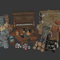 Vintage Household Items Display Including Wooden Barrels Crates Piano Chairs And Clock