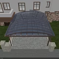 Modern Metal Frame Canopy With Transparent Roof Over Building Entrance And Stone Wall