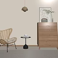 Modern Wooden Dresser Interior With Wicker Chair Small Round Table Wall Art and Pendant Light