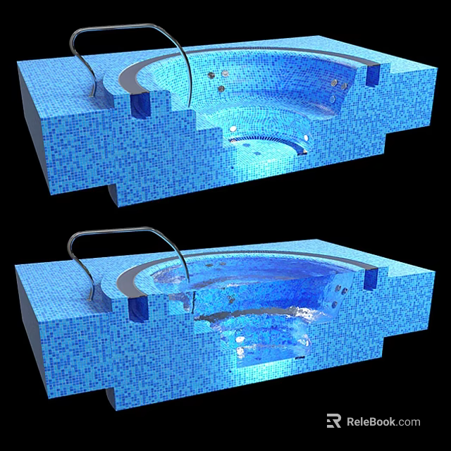 Curved Built in Bathtub with Blue Mosaic Tiles and Subtle Lighting Design 3d model 