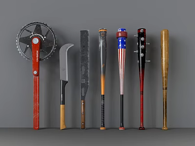 Different Types of Weapons Including Chainsaw Knife Machete and Decorative Baseball Bats 3d model