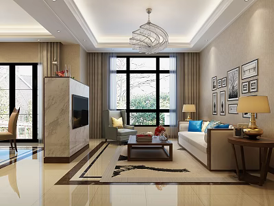 Modern Living Room Interior With Large Windows Greenery Chandelier Sofa And Wall Art 3d model