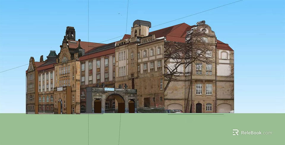 Historic Building Exterior With Red Roof Arched Doors Windows And Tower 3d model 