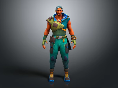 Muscular Game Movie Character With Gray White Short Hair Green Blue Outfit And Arm Guard 3d model