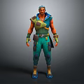 Muscular Game Movie Character With Gray White Short Hair Green Blue Outfit And Arm Guard