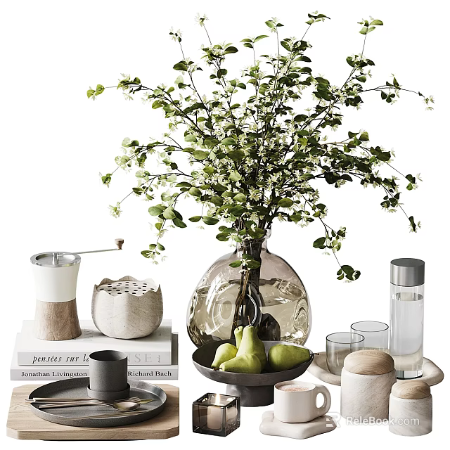 Stylish Decorative Ornament Set With Glass Vase Green Foliage Pears Books Glass Cups And Ceramic Jars 3d model 