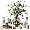 Stylish Decorative Ornament Set With Glass Vase Green Foliage Pears Books Glass Cups And Ceramic Jars