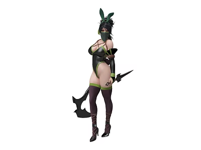 Elf Creature Female Character Wearing Black Green Outfit With Mask Axe Dagger And Boots 3d model